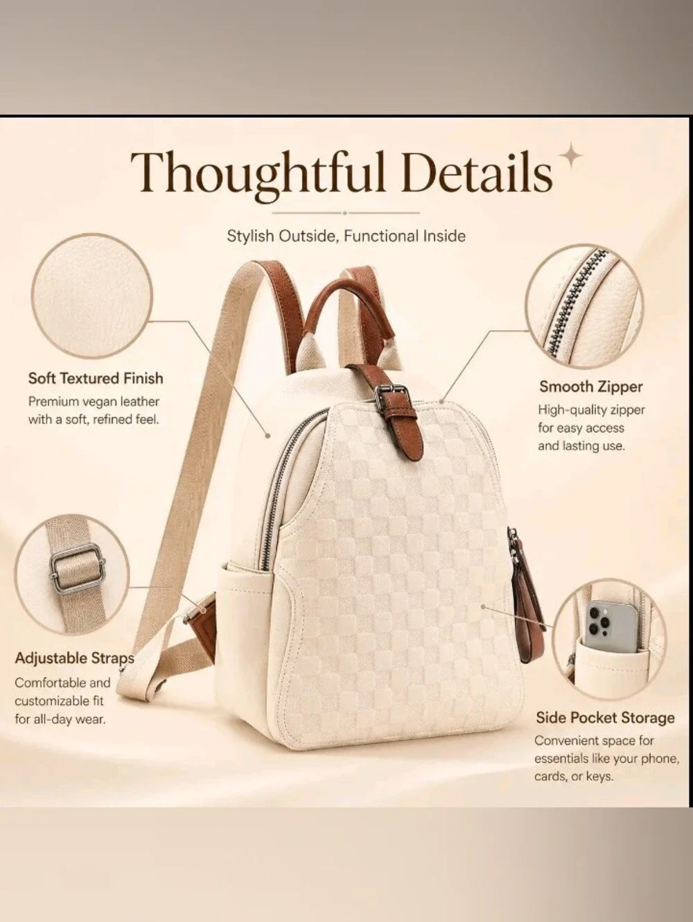 New Caitina Backpack Purse Checkered Pattern Travel Bag